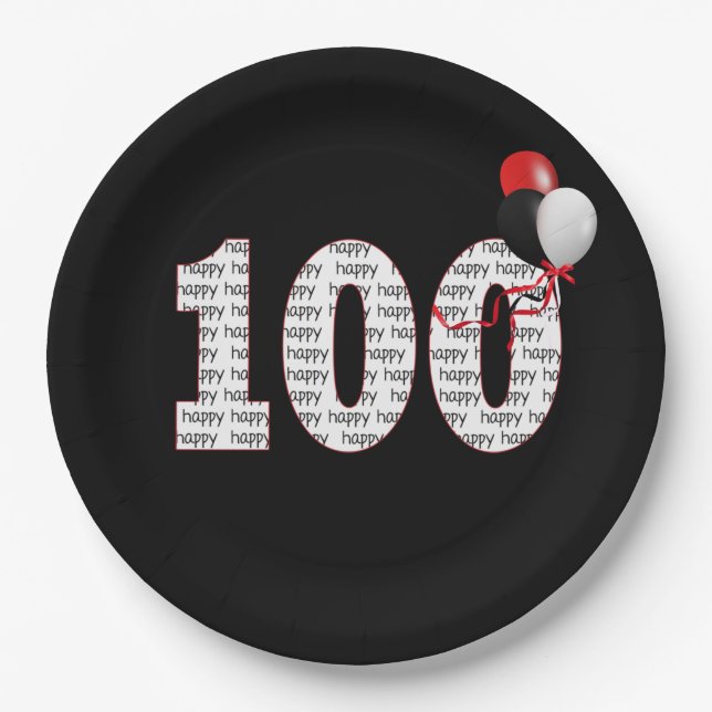 Happy 100th Birthday On Black Paper Plate (Front)