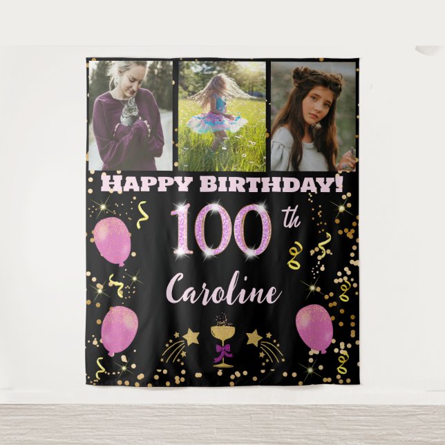 Happy 100th Birthday Pink Glitter & 3 photos Tapestry (Front)
