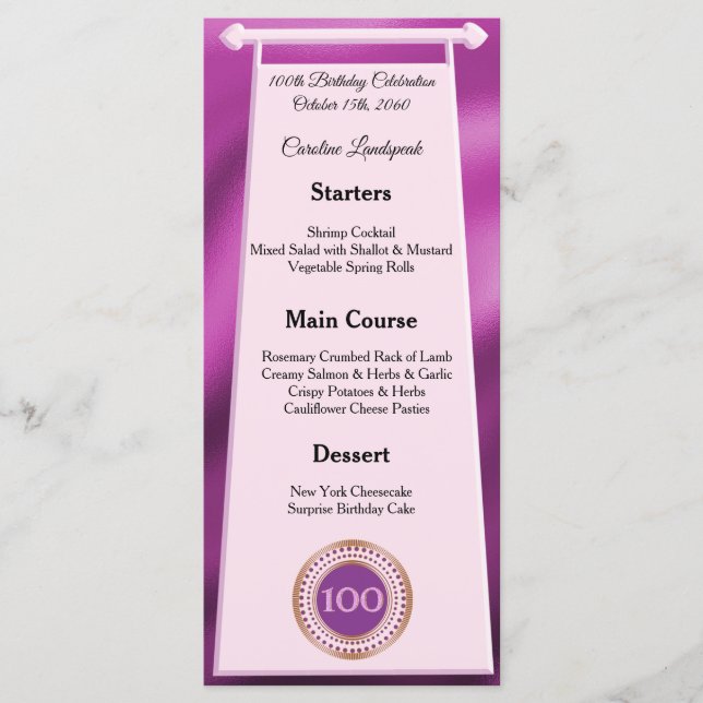 Happy 100th Birthday Pink Glitter Foil Menu (Front)