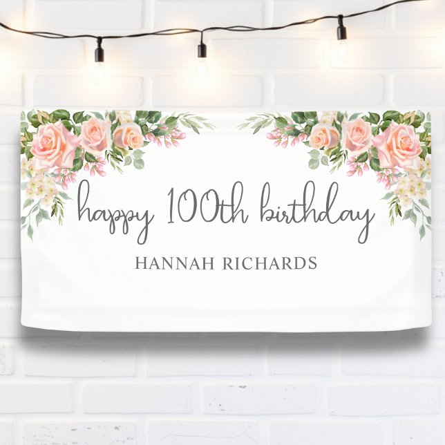 Happy 100th Birthday Pink Peach Floral Banner (Creator Uploaded)