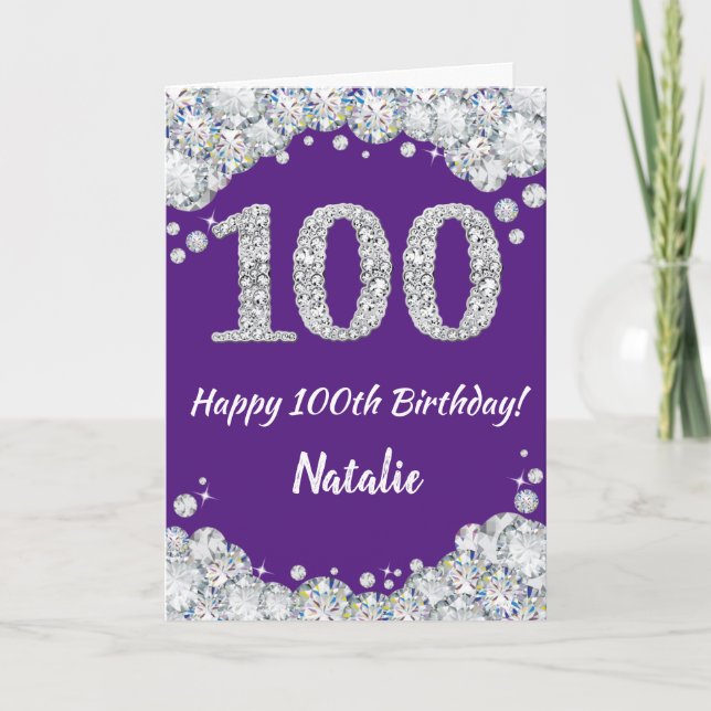 Happy 100th Birthday Purple and Silver Glitter Card (Front)