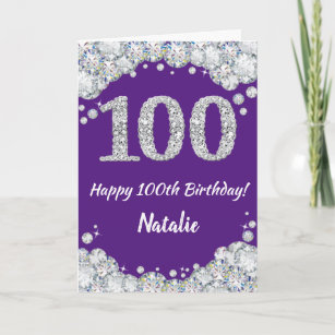 Happy 100th Birthday Purple and Silver Glitter Card