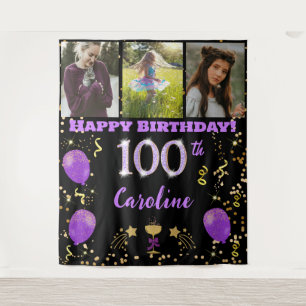 Happy 100th Birthday Purple Glitter & 3 photos Tapestry