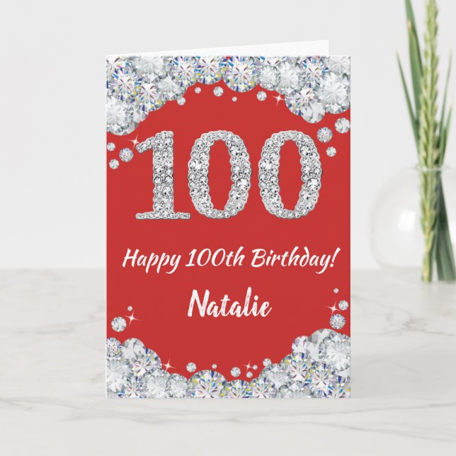 Happy 100th Birthday Red and Silver Glitter Card (Front)