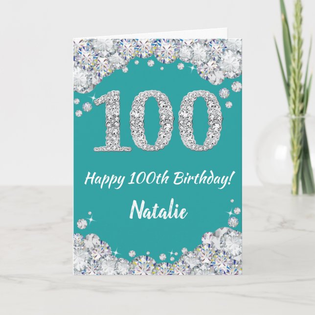 Happy 100th Birthday Teal and Silver Glitter Card (Front)