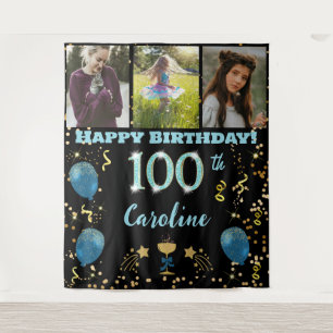 Happy 100th Birthday Teal Blue Glitter & 3 photos Tapestry