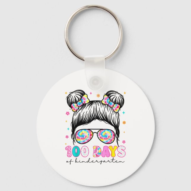 Happy 100th Day Of Kindergarten Messy Bun 100 Days Key Ring (Front)