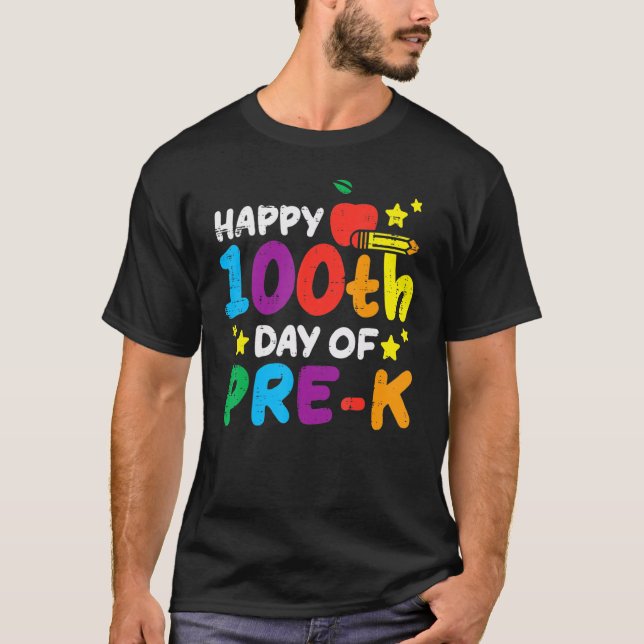 Happy 100th Day Of Pre K Apple 100 Days School Tea T-Shirt (Front)