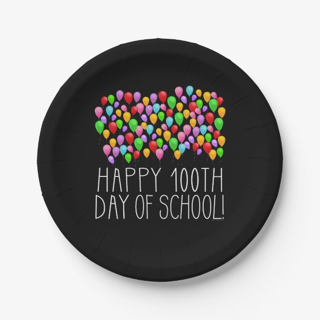 Happy 100th Day of School 100 Balloons Teacher Paper Plate (Front)