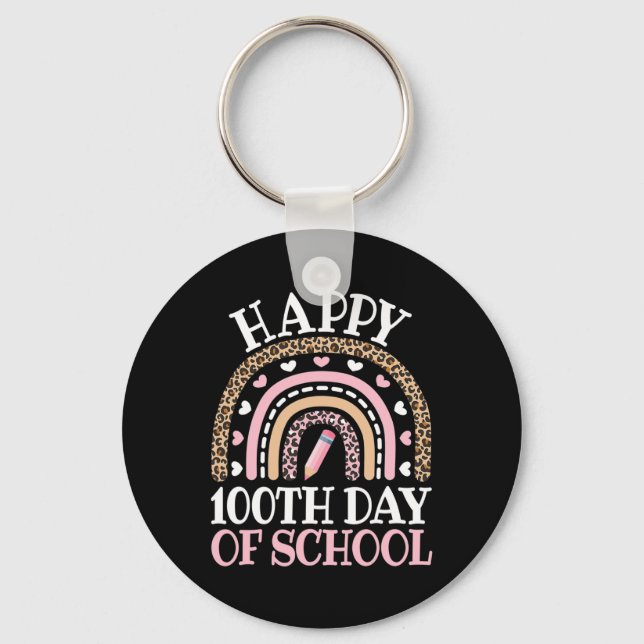 Happy 100th Day Of School 100 Days Leopard Rainbow Key Ring (Front)