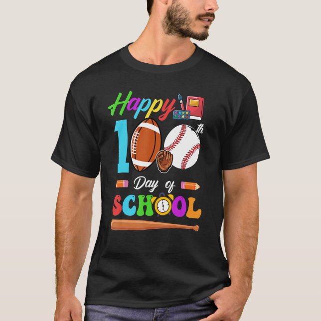Happy 100th Day Of School Football Baseball Boys G T-Shirt (Front)