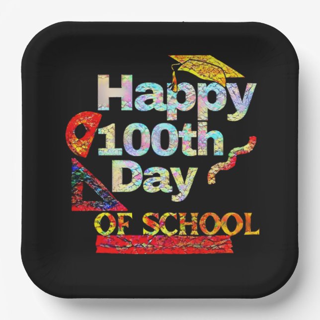 Happy 100th day of school retro style    paper plate (Front)