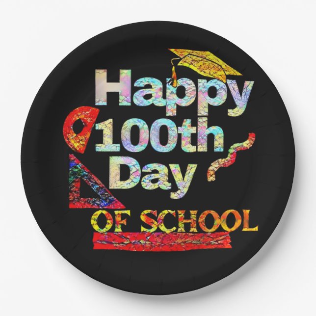 Happy 100th day of school retro style    paper plate (Front)