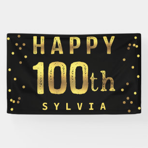 Happy 100th Faux Gold Foil Confetti Black Banner