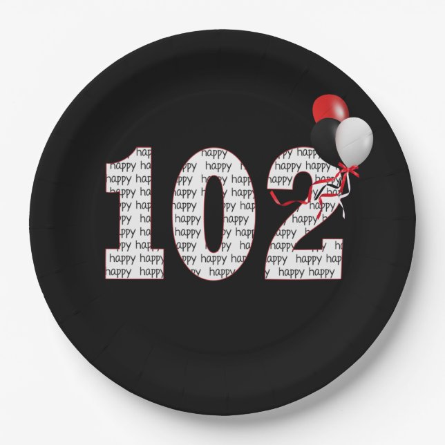 Happy 102nd Birthday On Black Paper Plate (Front)