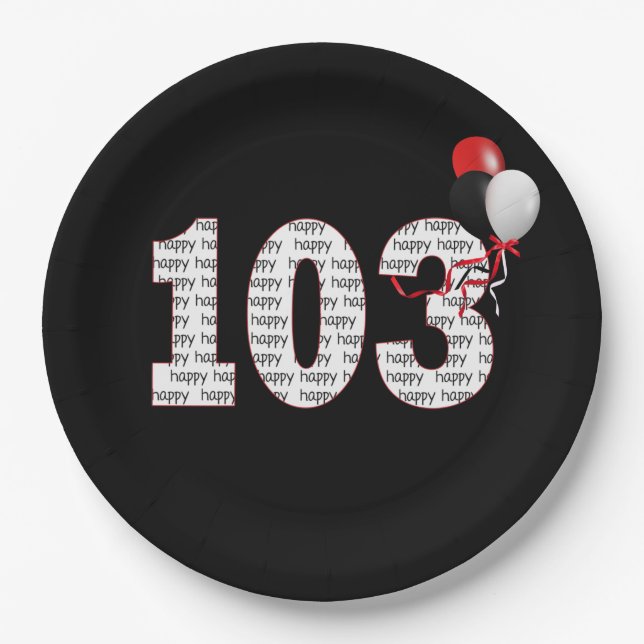 Happy 103rd Birthday On Black Paper Plate (Front)