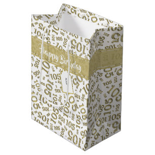 Happy 105th Birthday Gold and White Number Pattern Medium Gift Bag