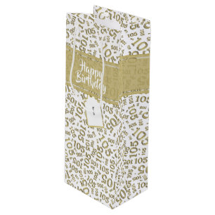 Happy 105th Birthday Gold and White Number Pattern Wine Gift Bag