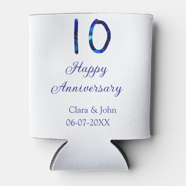 Happy 10th anniversary blue glitter add name date  can cooler (Front)
