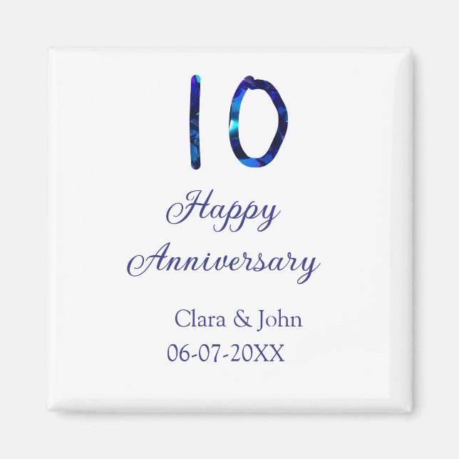 Happy 10th anniversary blue glitter add name date  magnet (Front)