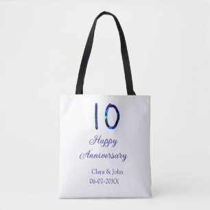 Happy 10th anniversary blue glitter add name date tote bag