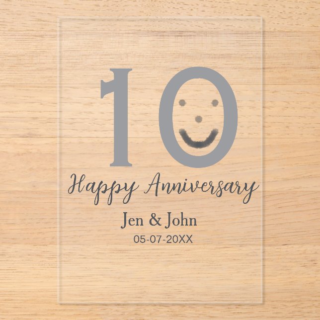 Happy 10th anniversary name date grey bold emoji acrylic invitations (Front)