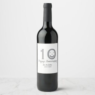Happy 10th anniversary name date grey bold emoji wine label