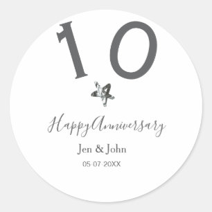Happy 10th anniversary name date grey metal star b classic round sticker
