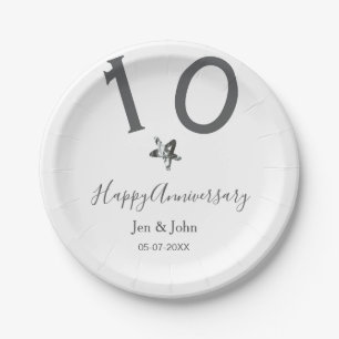 Happy 10th anniversary name date grey metal star b paper plate