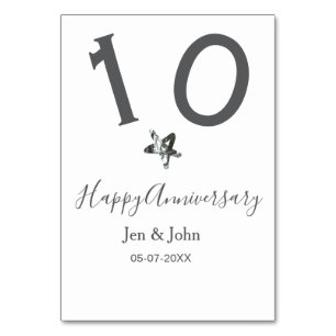 Happy 10th anniversary name date grey metal star b table number