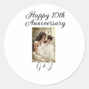 Happy 10th anniversary photo couple name letter classic round sticker