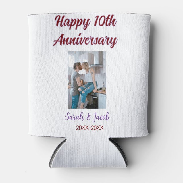 Happy 10th anniversary photo wedding couple name d can cooler (Front)