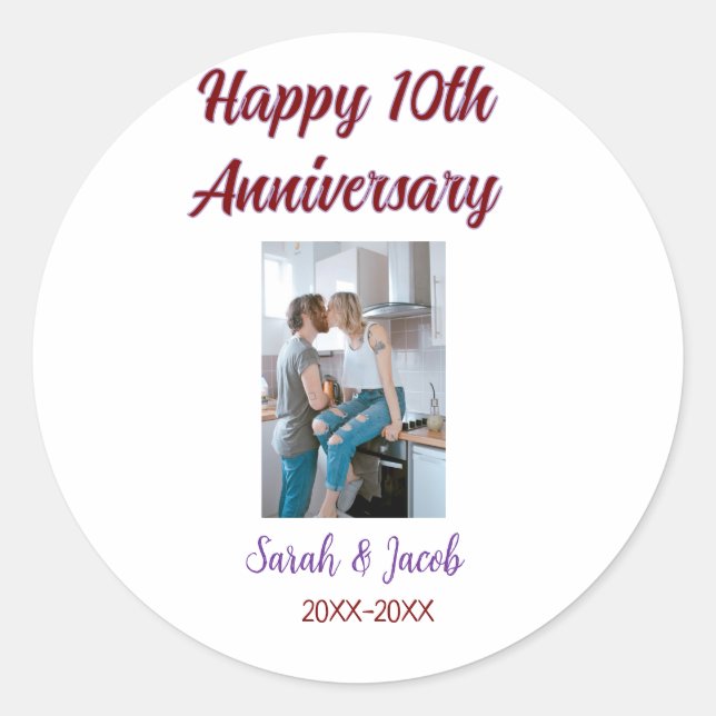Happy 10th anniversary photo wedding couple name d classic round sticker (Front)
