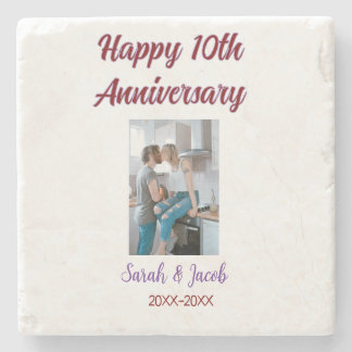 Happy 10th anniversary photo wedding couple name d stone coaster