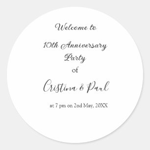 Happy 10th anniversary simple minimal wedding name classic round sticker