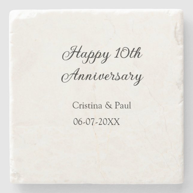 Happy 10th anniversary simple minimal wedding name stone coaster (Front)