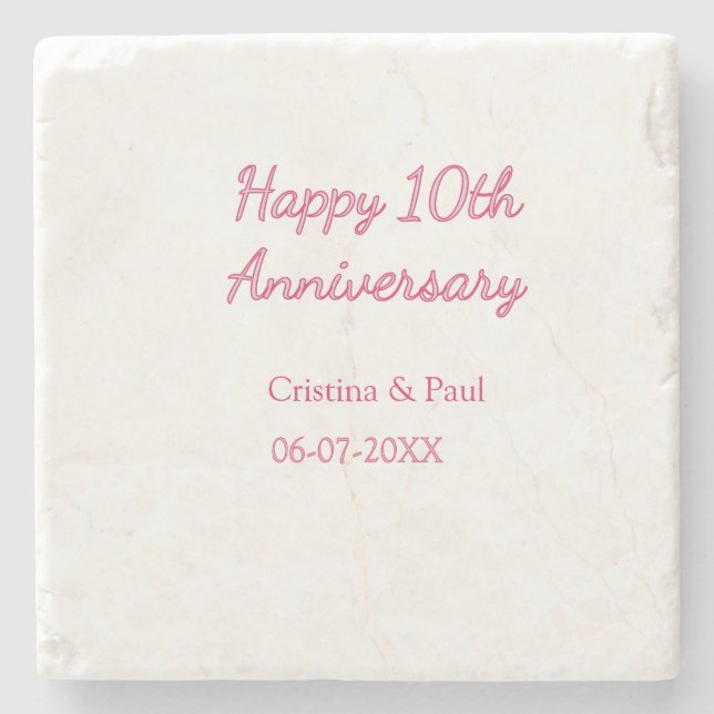 Happy 10th anniversary simple minimal wedding name stone coaster (Front)