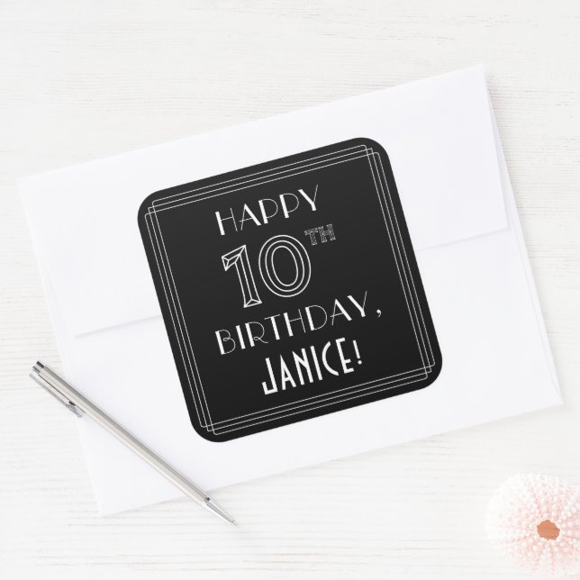 HAPPY 10TH BIRTHDAY; Art Deco Style; Custom Name Square Sticker (Envelope)