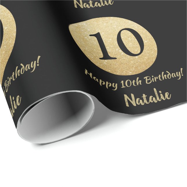 Happy 10th Birthday Black and Gold Glitter Wrapping Paper (Roll Corner)