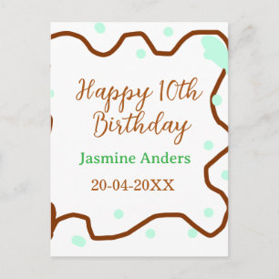 Happy 10th birthday green pastel brown border span postcard