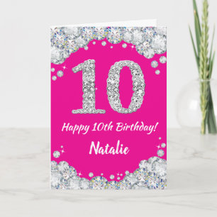 Happy 10th Birthday Hot Pink and Silver Glitter Card