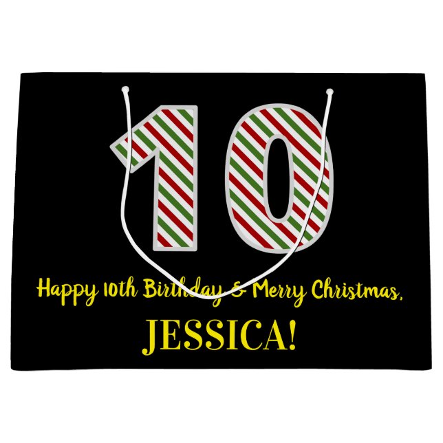 Happy 10th Birthday & Merry Christmas, Custom Name Large Gift Bag (Front)
