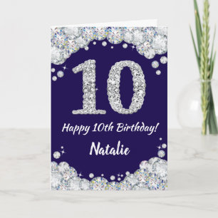 Happy 10th Birthday Navy Blue and Silver Glitter Card