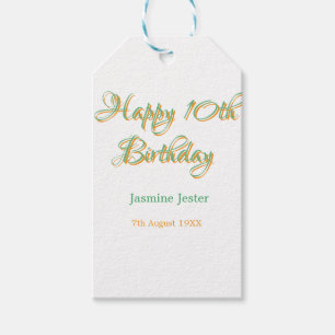 happy 10th birthday orange green name date simple gift tags
