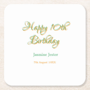 happy 10th birthday orange green name date simple square paper coaster