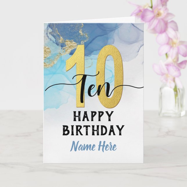 Happy 10th Birthday Watercolor Blue & gold Boy Card (Orchid)