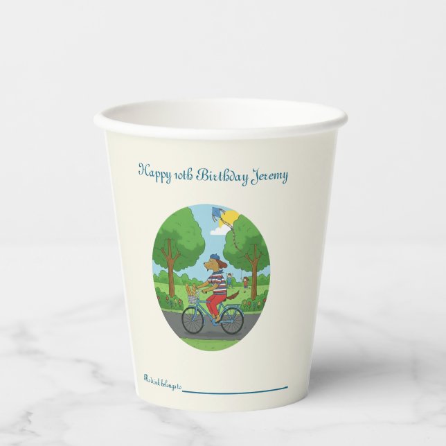 Happy 10th Birthday with Dog riding a Bike Paper Cups (Front)