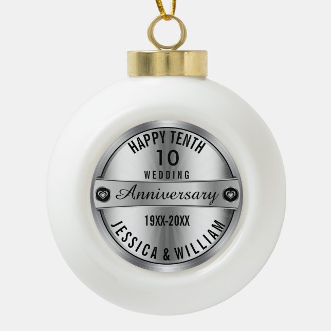 Happy 10th Wedding Anniversary Silver & Diamonds Ceramic Ball Christmas Ornament (Front)