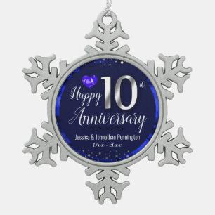 Happy 10th Wedding Anniversary Snowflake Pewter Christmas Ornament