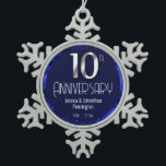 Happy 10th Wedding Anniversary  Snowflake Pewter Christmas Ornament<br><div class="desc">Lovely blue Happy 10th Anniversary ornament. Faux foil on 10th and as a border frame. Blue oil background created by Valarie Wade. Tiny blue heart gem in the upper corner. Names and dates are adjustable.</div>